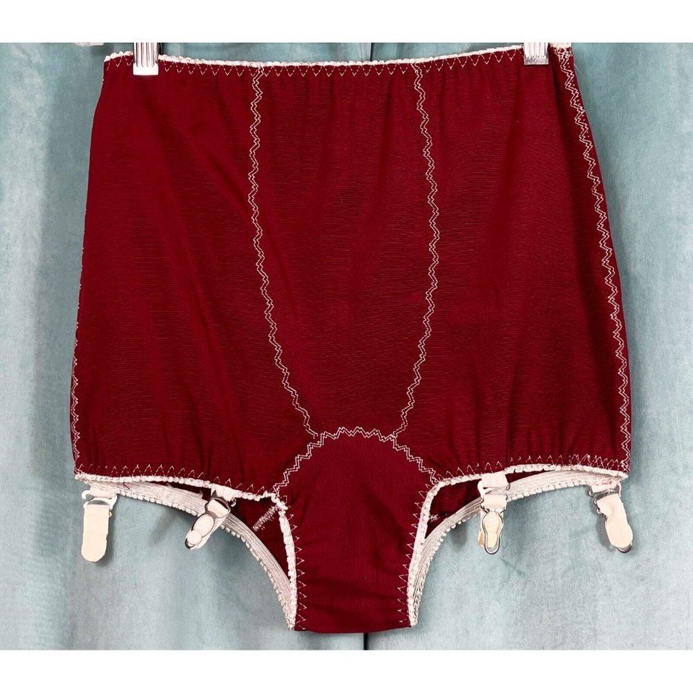 Vintage Attached Garter Panties Topstitched Maroon Red 1950s 50s Granny Panty
